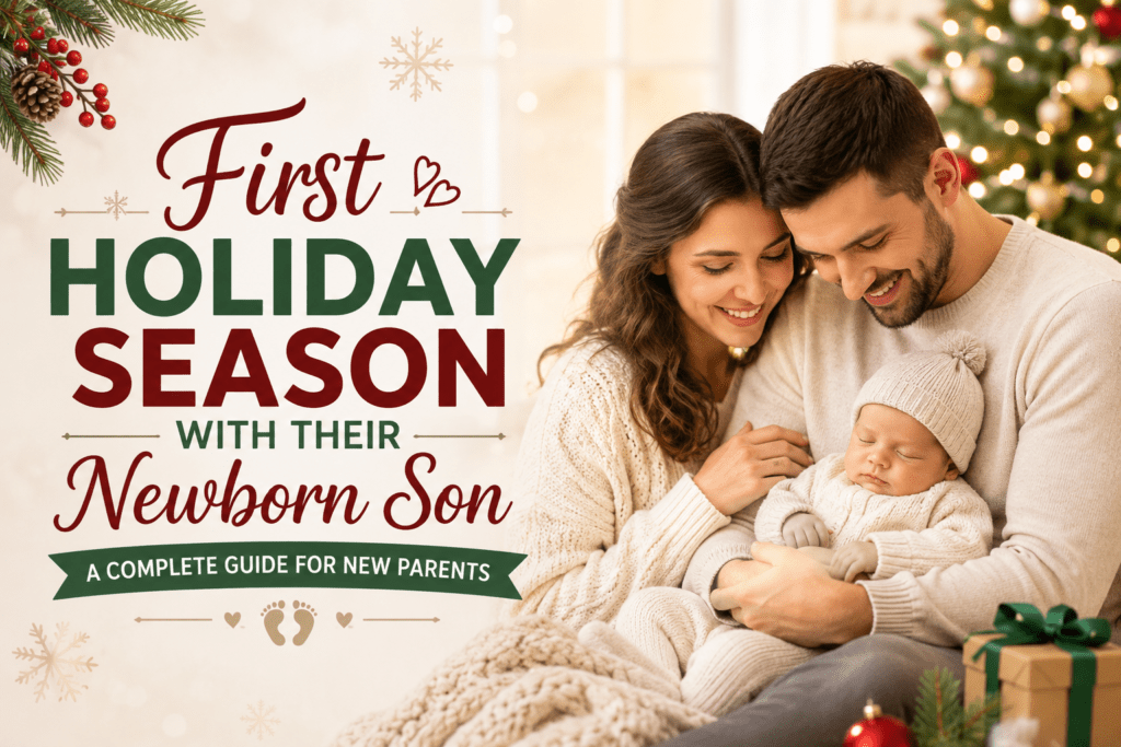 Happy parents celebrating their first holiday season with their newborn son