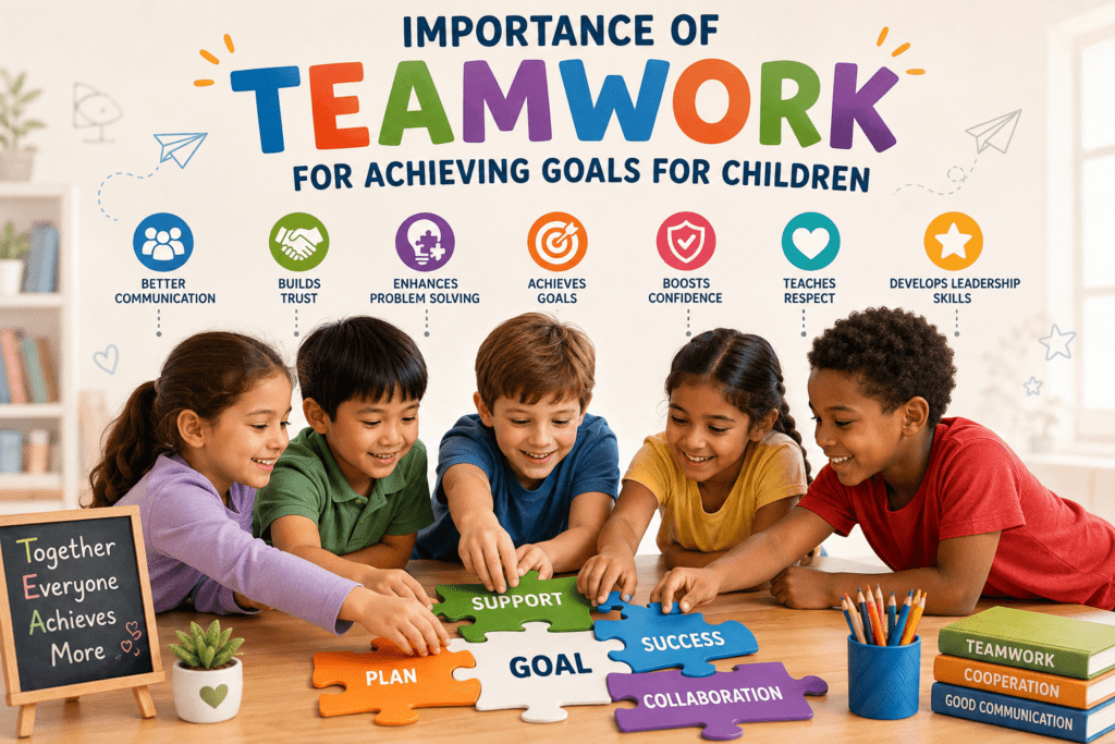 Importance of Teamwork for Achieving Goals for Children, showing children working together toward a shared goal