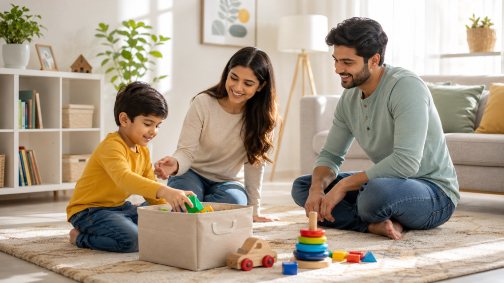 A happy mother and father sitting on a living room rug with their young son, practicing healthy routines for kids